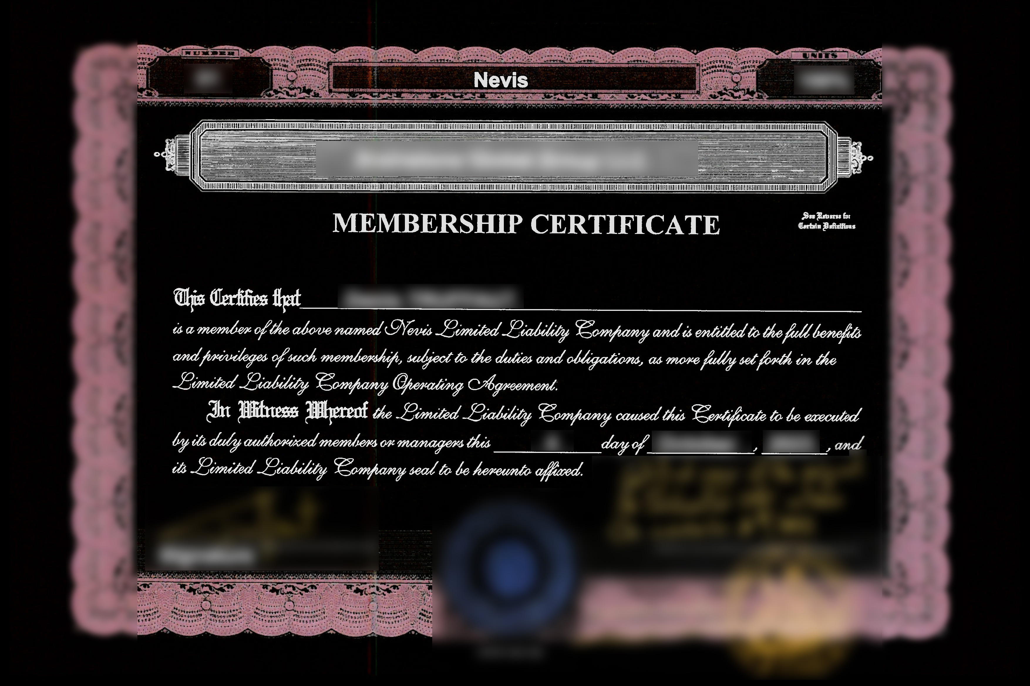 Certificat de membre de Nevis Certificat Accions Accions de la companyia
