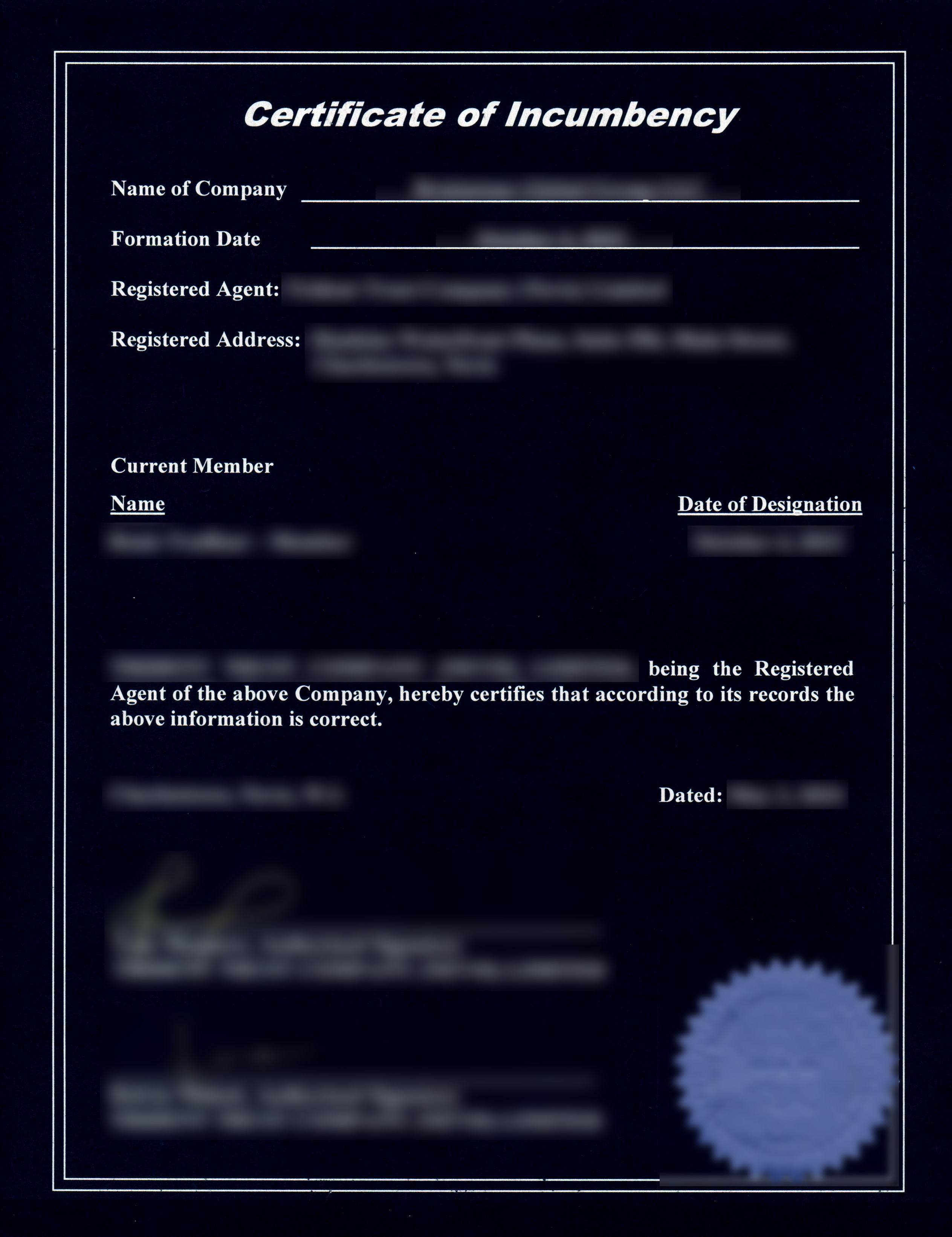 Nevis Incumbency Certificate Certificate of Status⁩