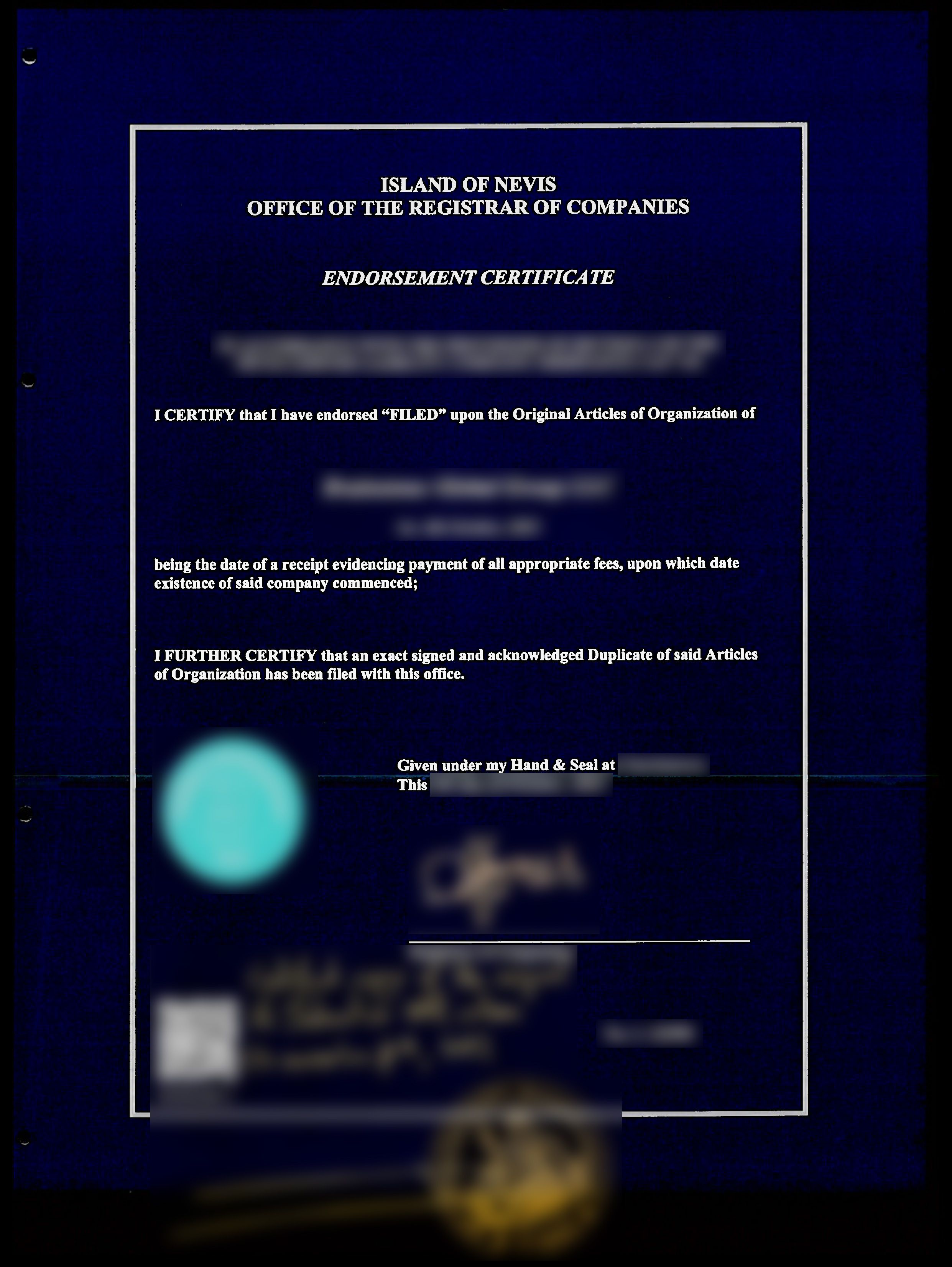 Nevis Endorsement Certificate Certificat Création